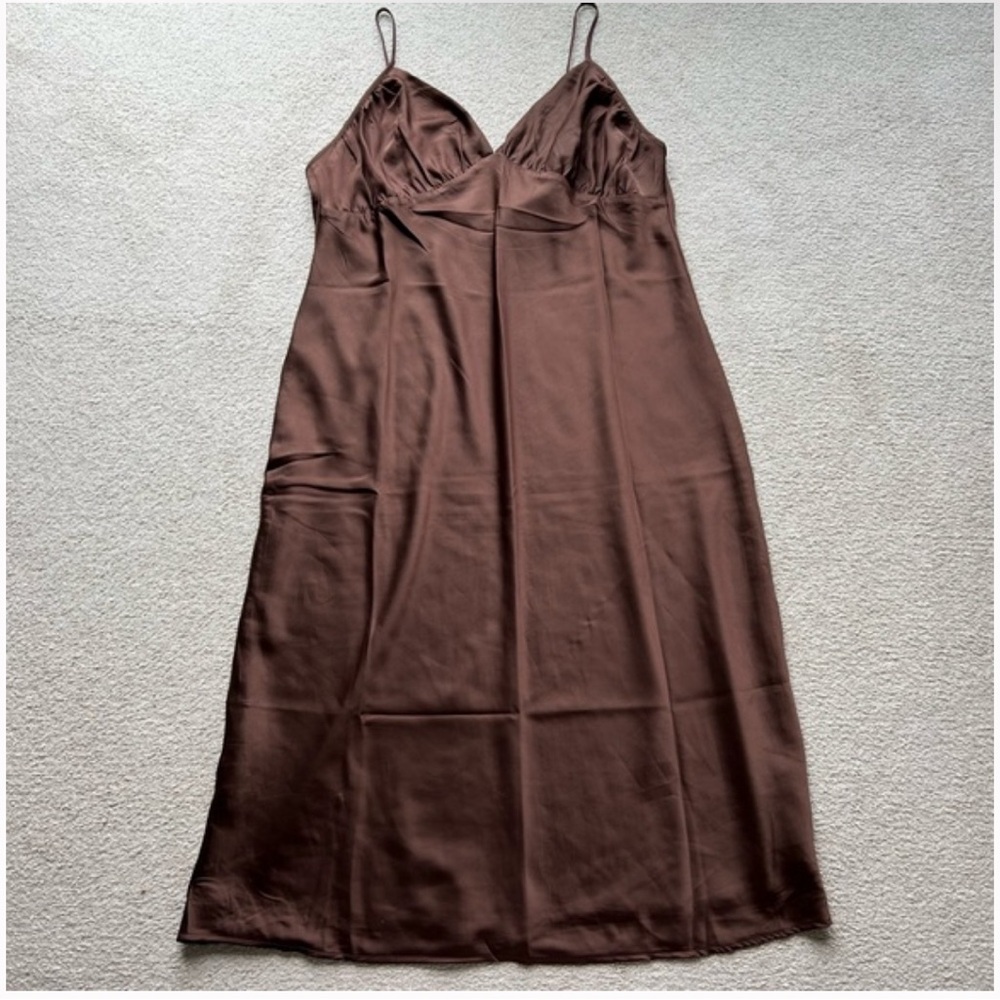 ABERCROMBIE AND FITCH A&F Ruched SATIN SLIP MIDI DRESS Brown Sleeveless